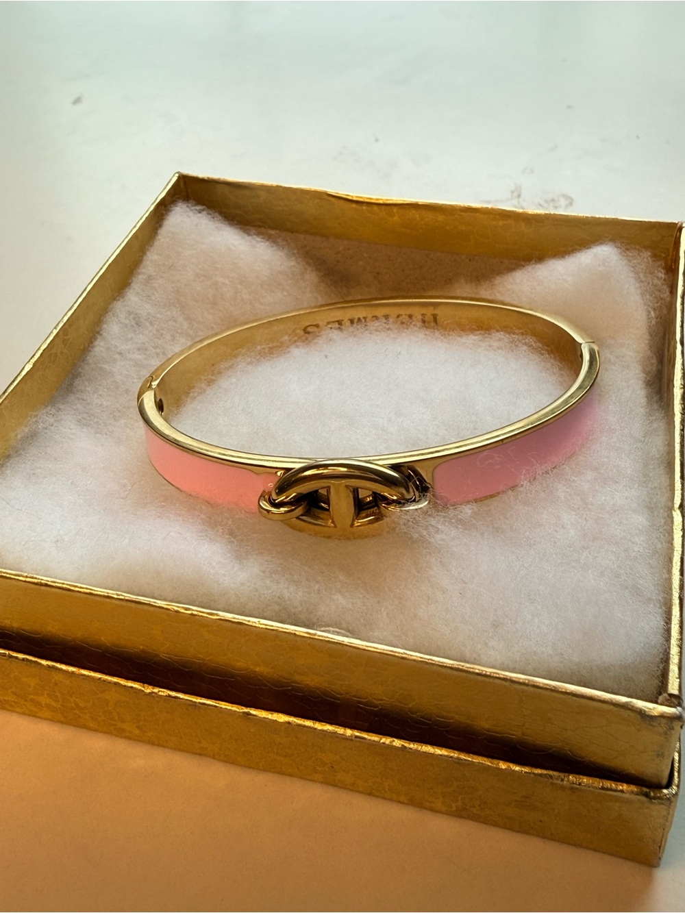 Gold-Tone Pink Enamel Hinged Bangle Bracelet